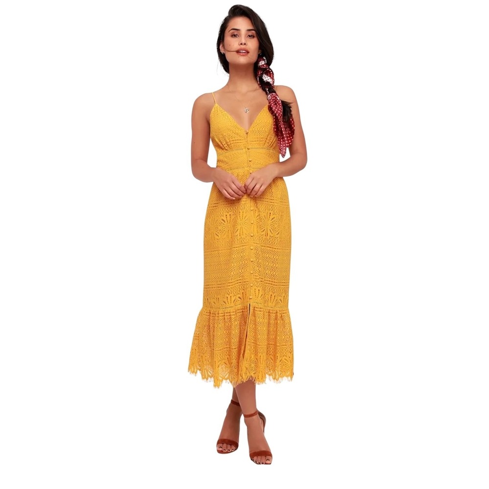 Lulus Robyn Mustard Yellow Lace Button‑Up Midi Dress L Fit‎ & Flare